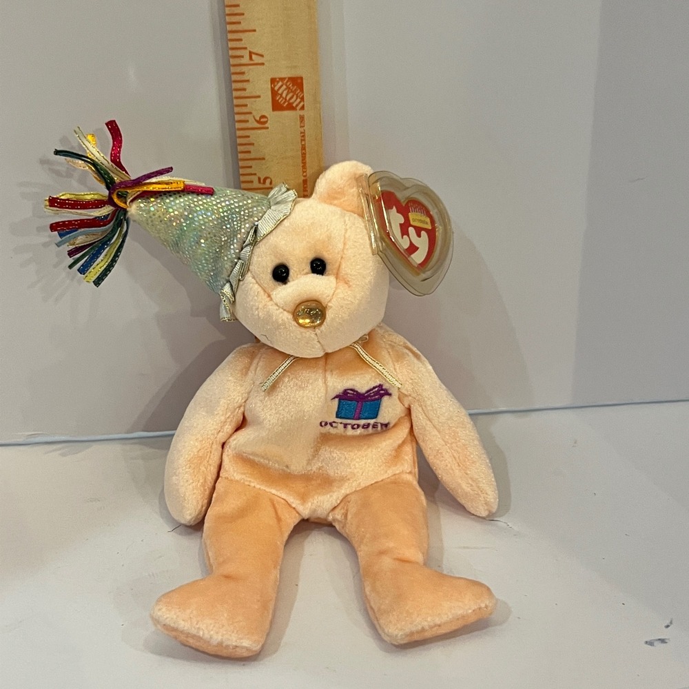Ty Beanie Babies October Birthday Bear 2002 Peach Plush with Party Hat 8.5 inch